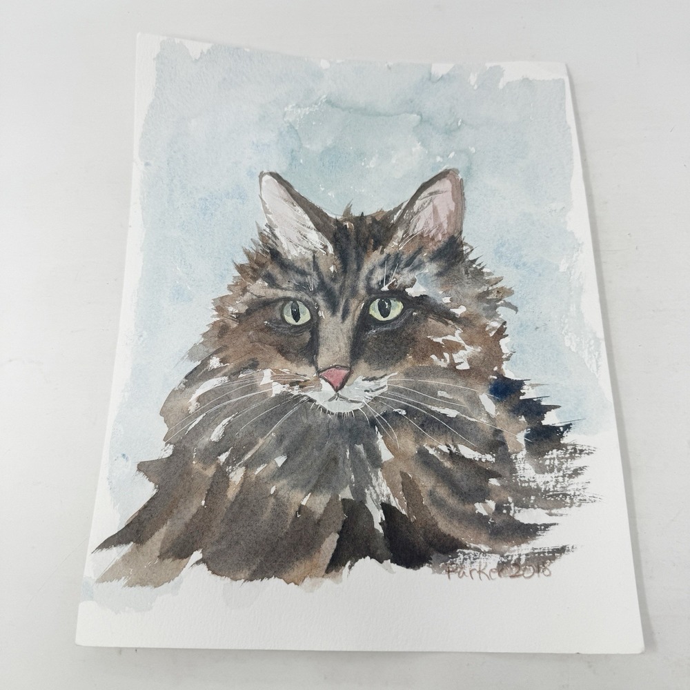 Original OOAK Watercolor Painting Fluffy Cat Art Dark Brown Green Eye 9x11 8x10